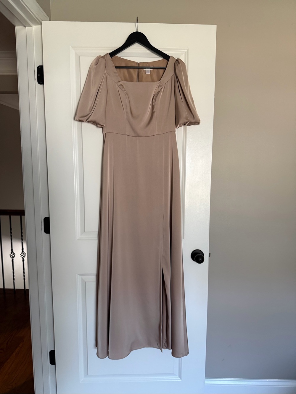 Square-Neck Maxi Dress with Puff Sleeves in Taupe